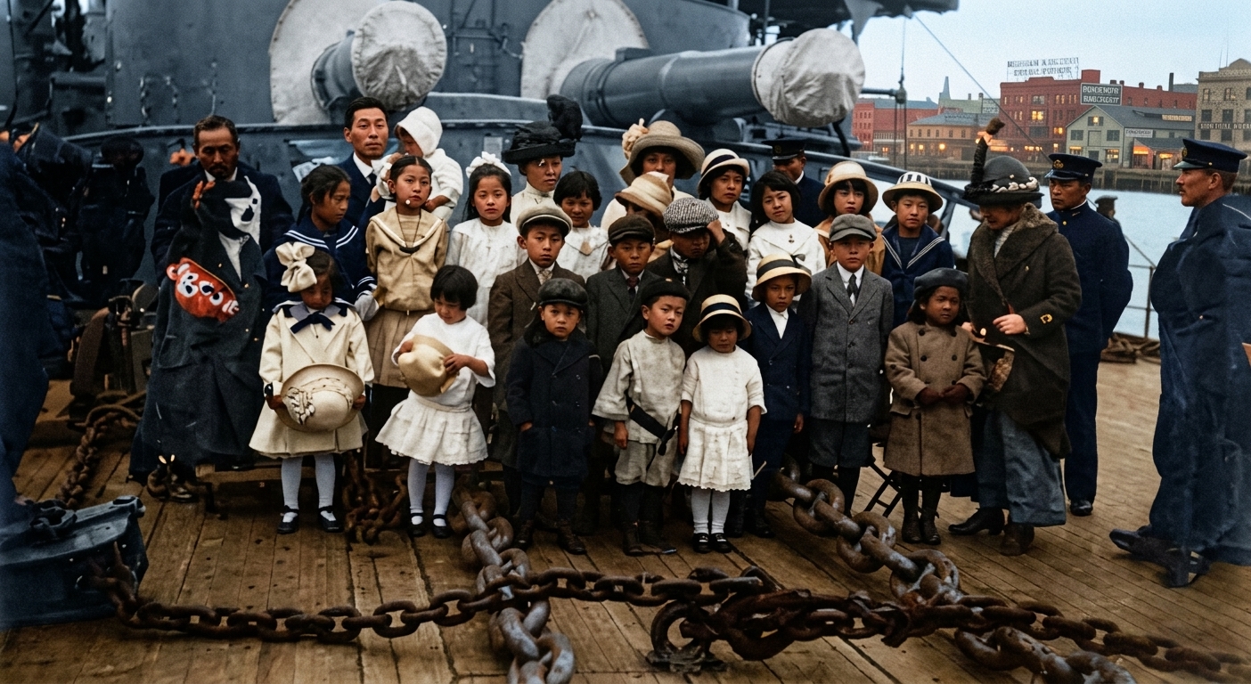 Japanese naval visit, children aboard warship in Seattle, c. 1910s