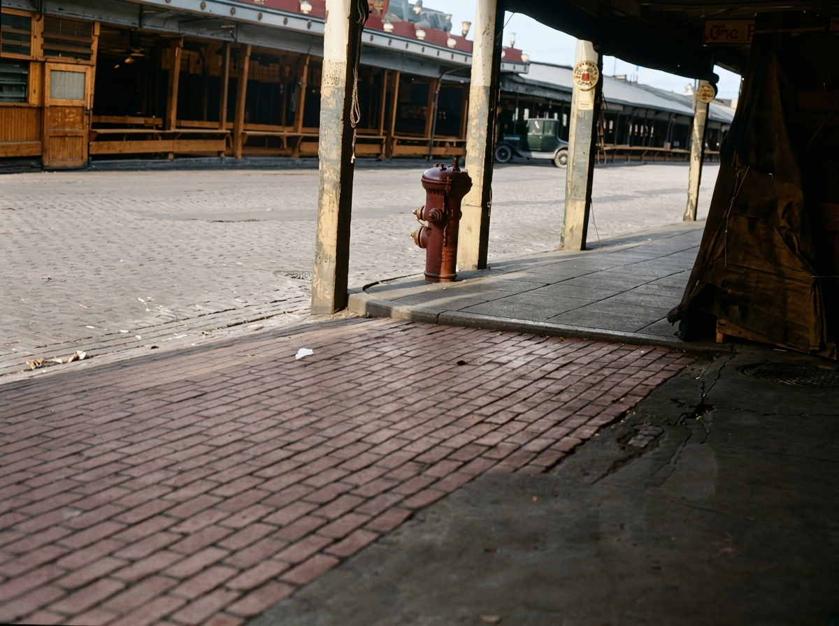 Brick street and fire hydrant at Pike Place Market, c. 1920s