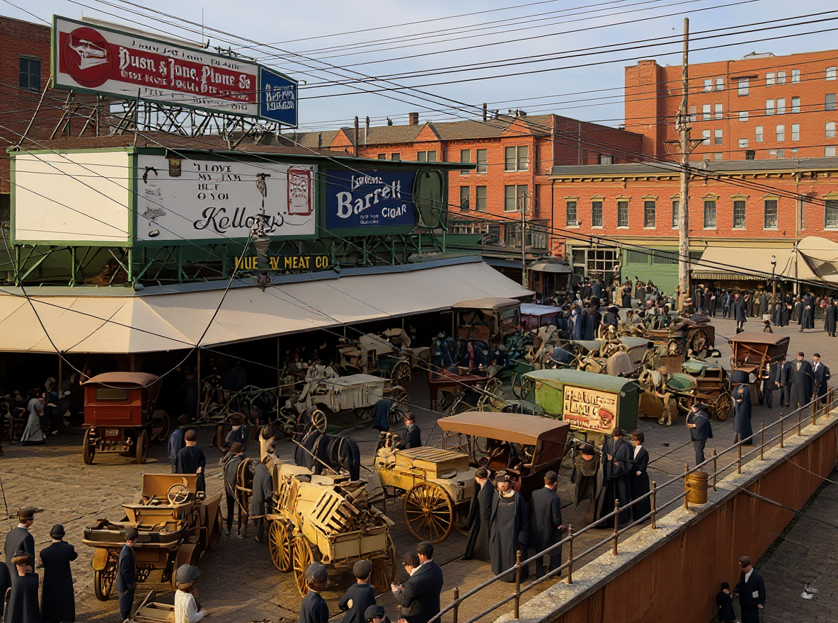 Pike Place Market with horse wagons and billboards, c. 1912