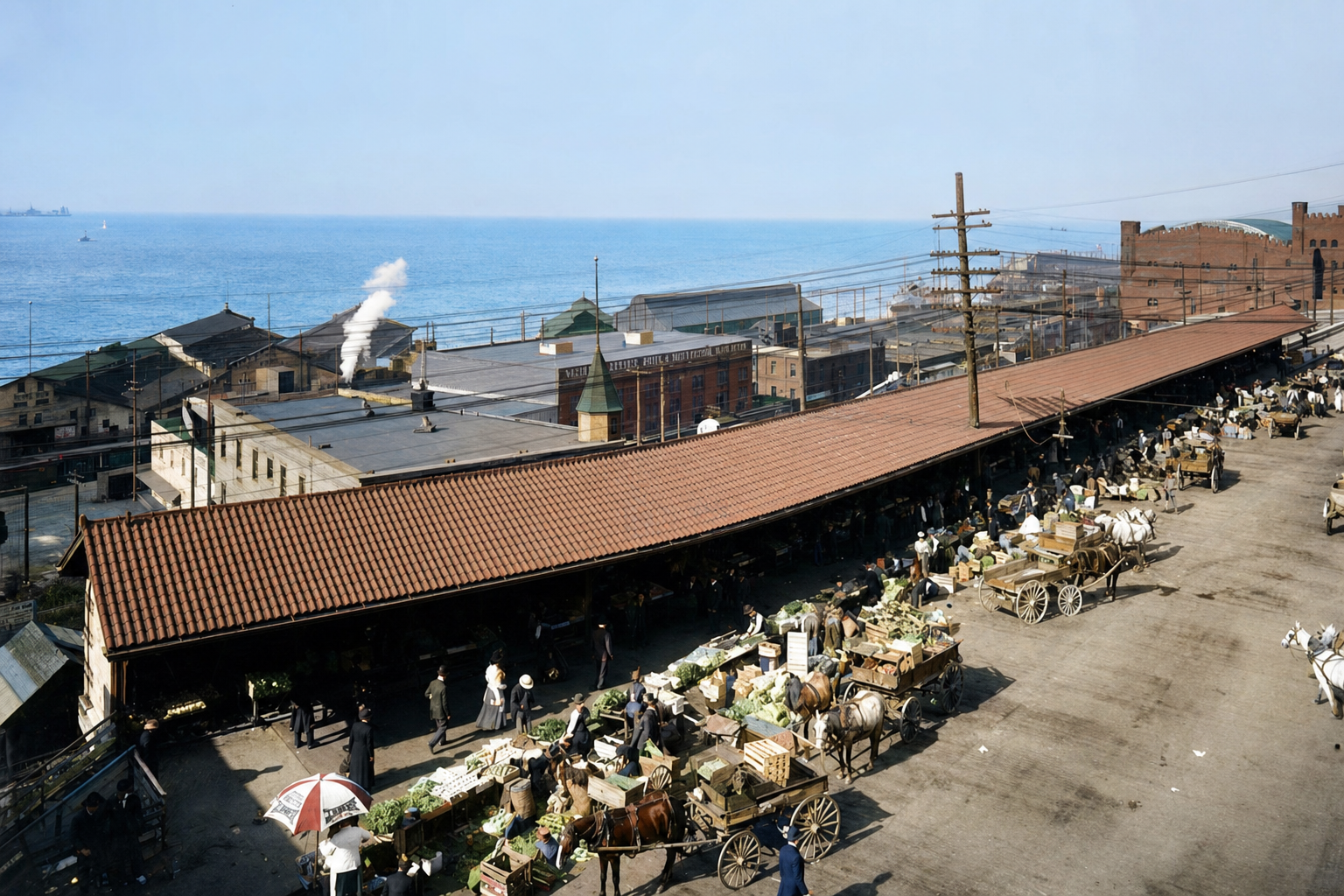 Pike Place Market arcade and farmers' wagons, c. 1910