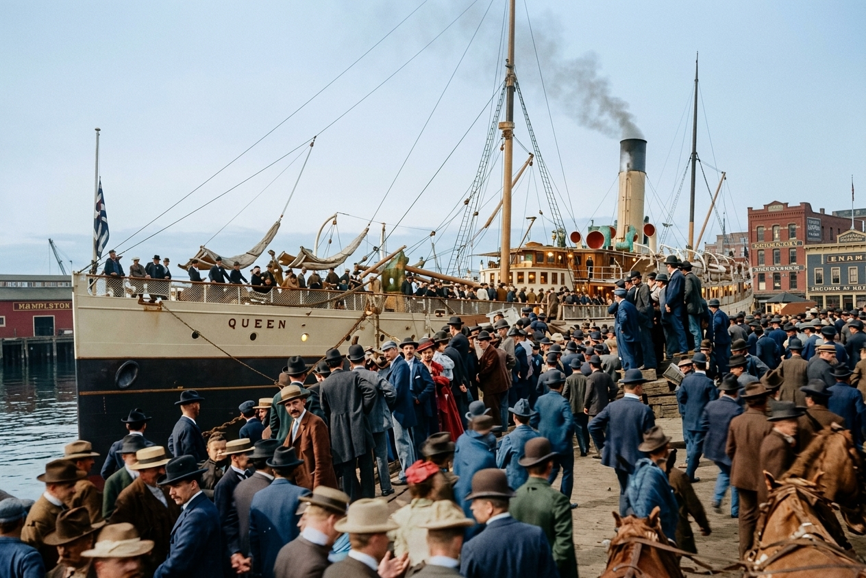 Crowds boarding the steamship Queen, Seattle waterfront, c. 1897