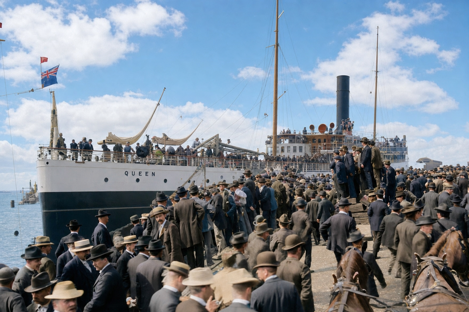 Crowds boarding the steamship Queen, Seattle waterfront, c. 1897