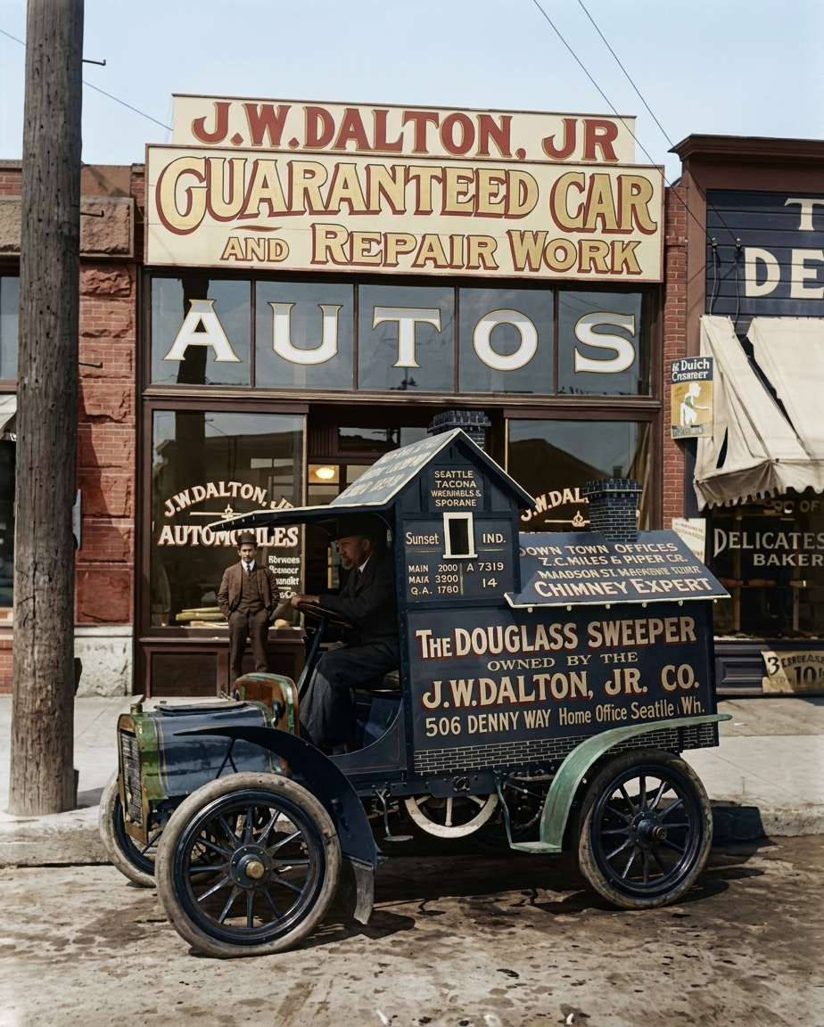 J.W. Dalton, Jr. auto dealership and Douglass Sweeper truck, 1911