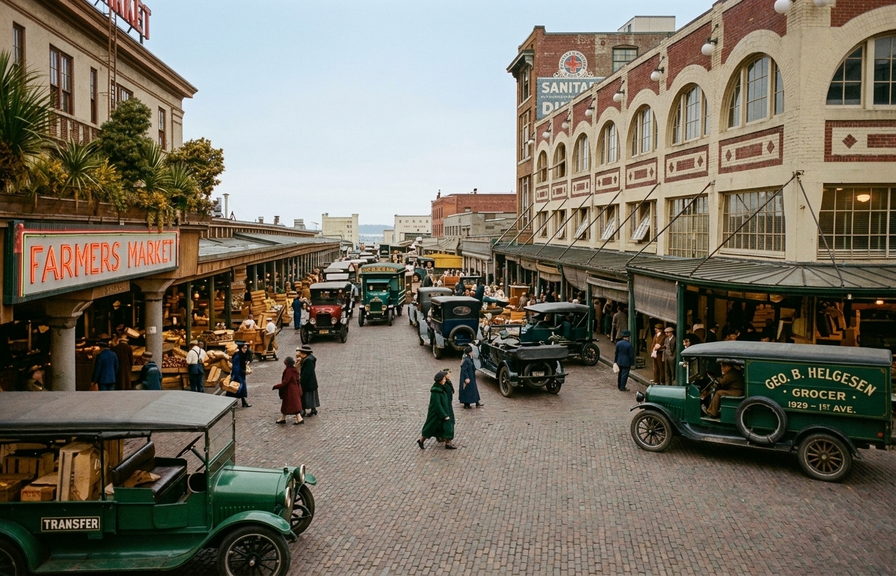 Pike Place Market, 'One of Seattle's Busy Markets,' c. 1920