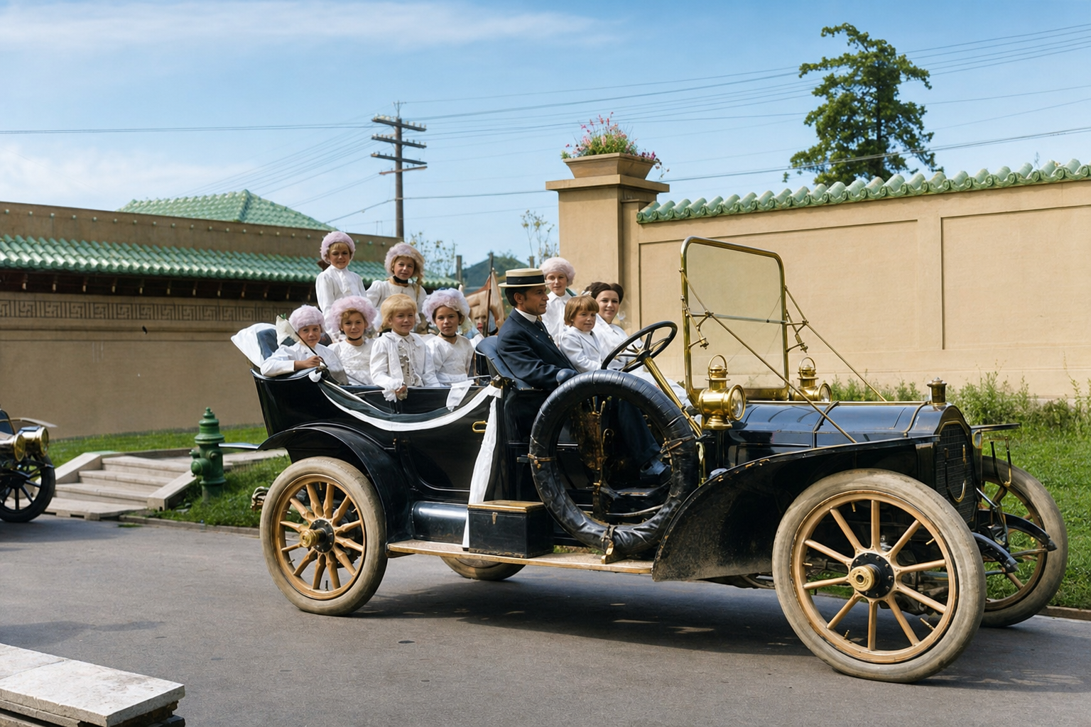 Touring car with children in French costume, AYP Exposition, 1909