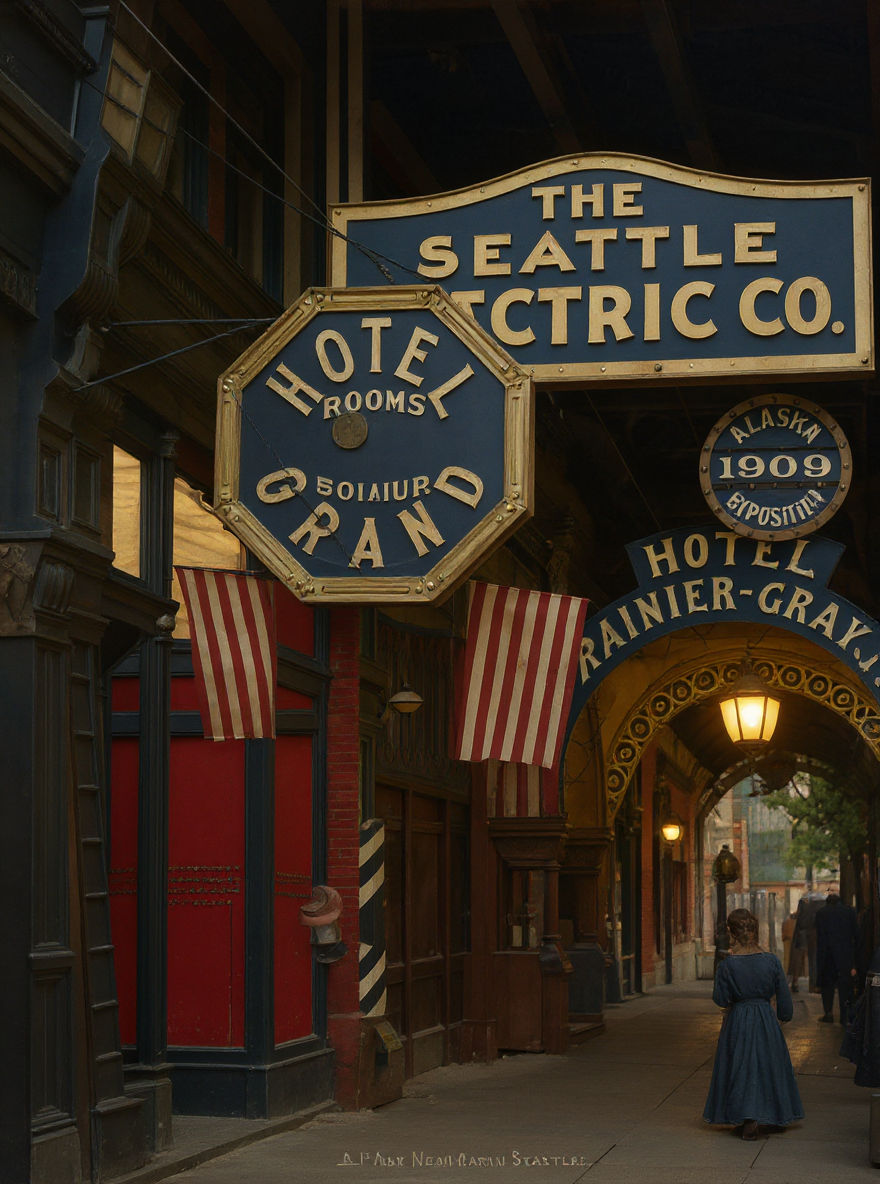 Illuminated signs on 1st Avenue near Marion Street, 1909