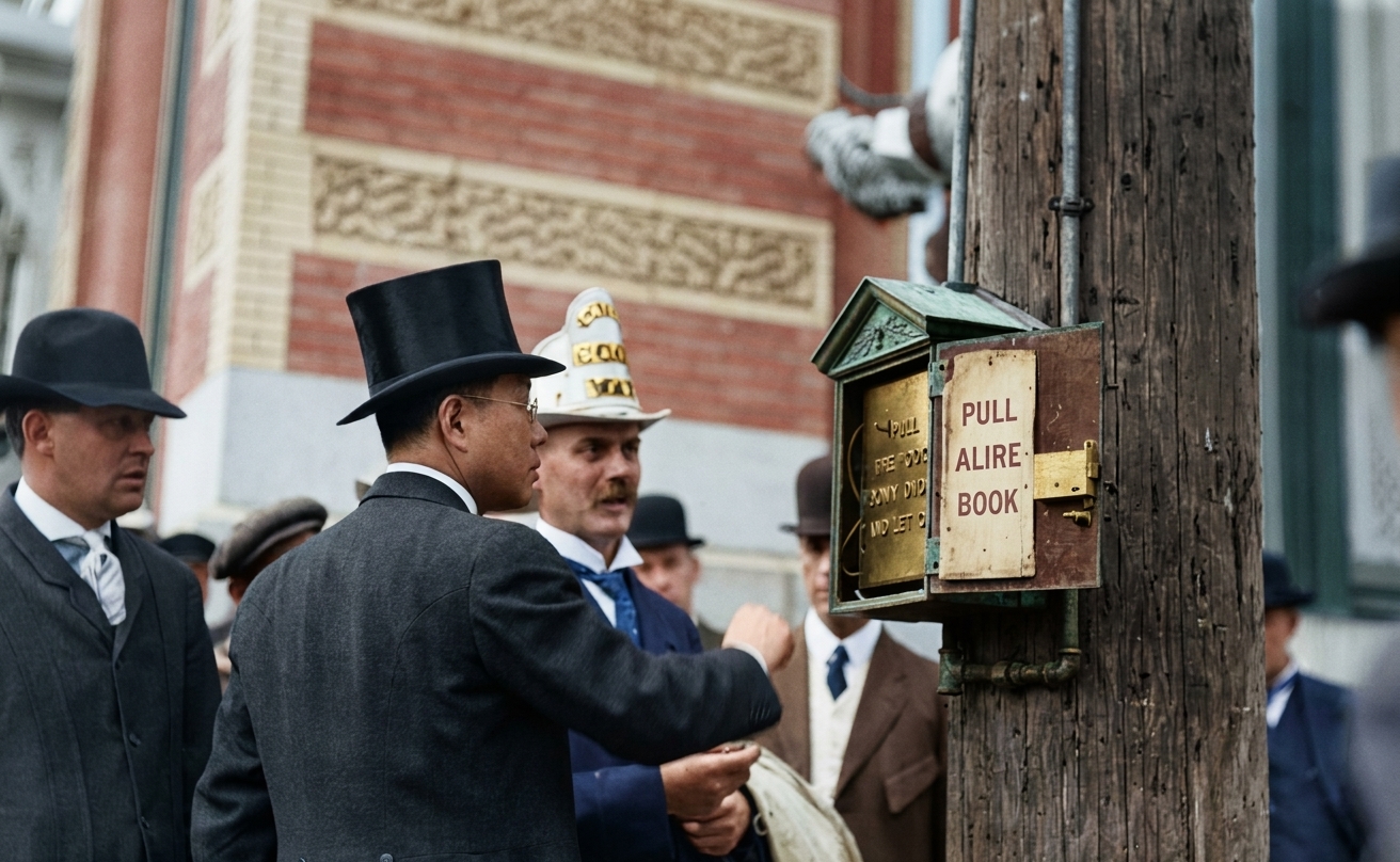 Visitors at a fire alarm box, Alaska-Yukon-Pacific Exposition, 1909