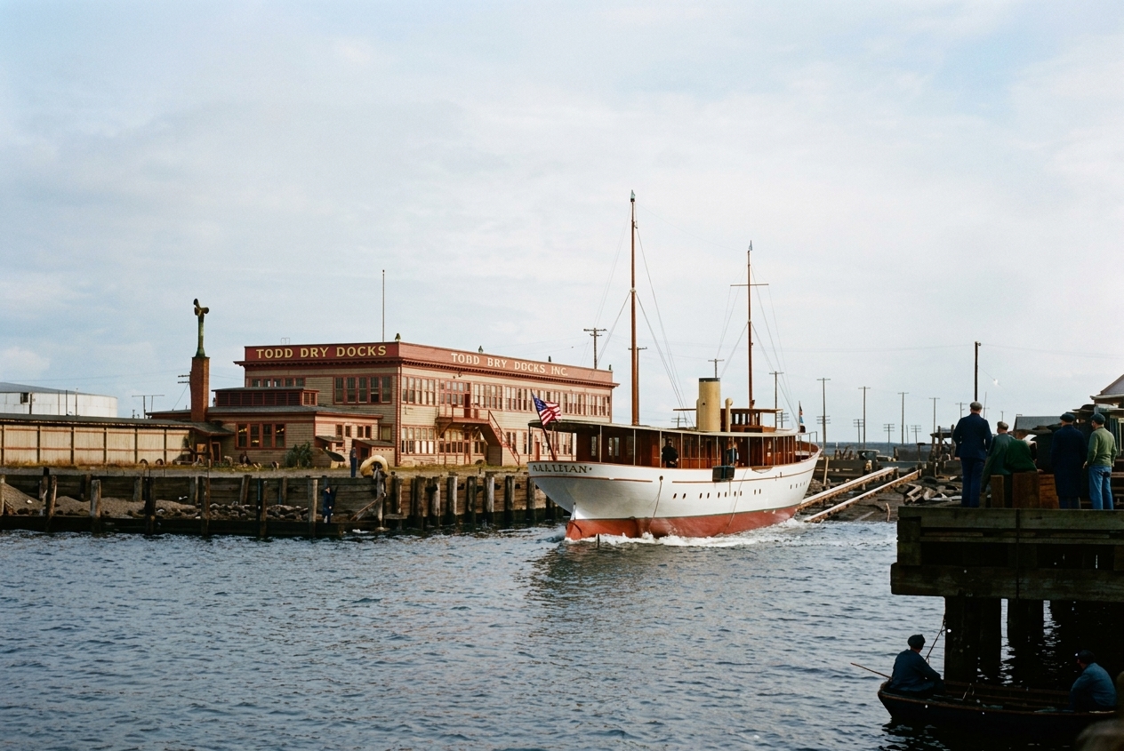 Launch of the yacht Alician at Todd Dry Docks, Harbor Island, c. 1929