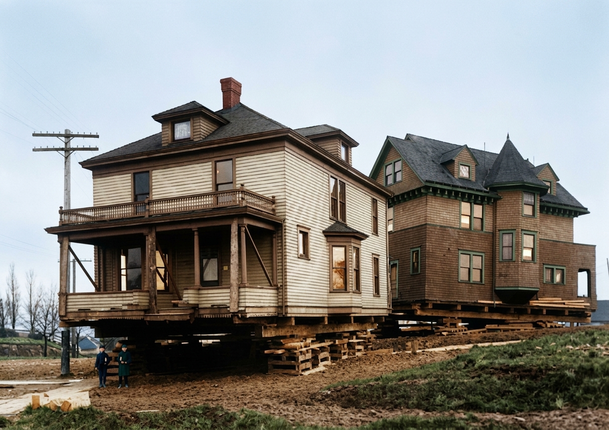 Houses being moved on cribbing, Seattle, c. 1907