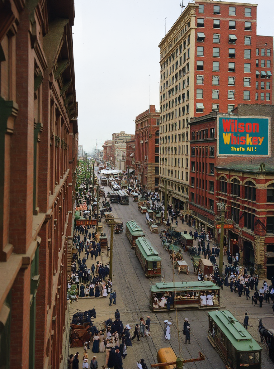 Second Avenue streetcars and crowds, c. 1909
