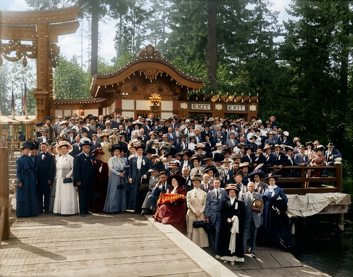 Los Angeles delegation at the Water Gate, Alaska-Yukon-Pacific Exposition, 1909