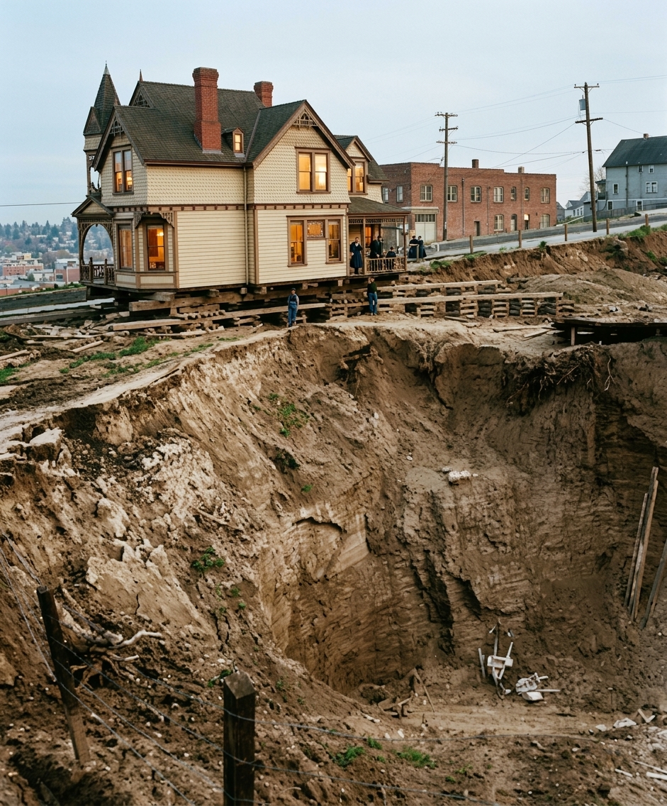 Victorian house perched at edge of regrade cut, c. 1910
