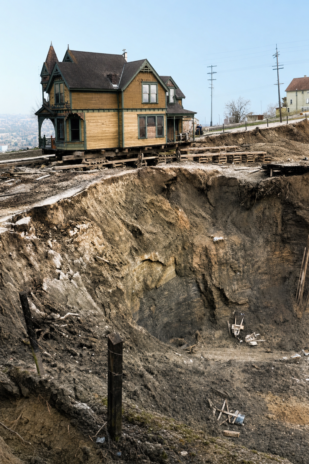 Victorian house perched at edge of regrade cut, c. 1910
