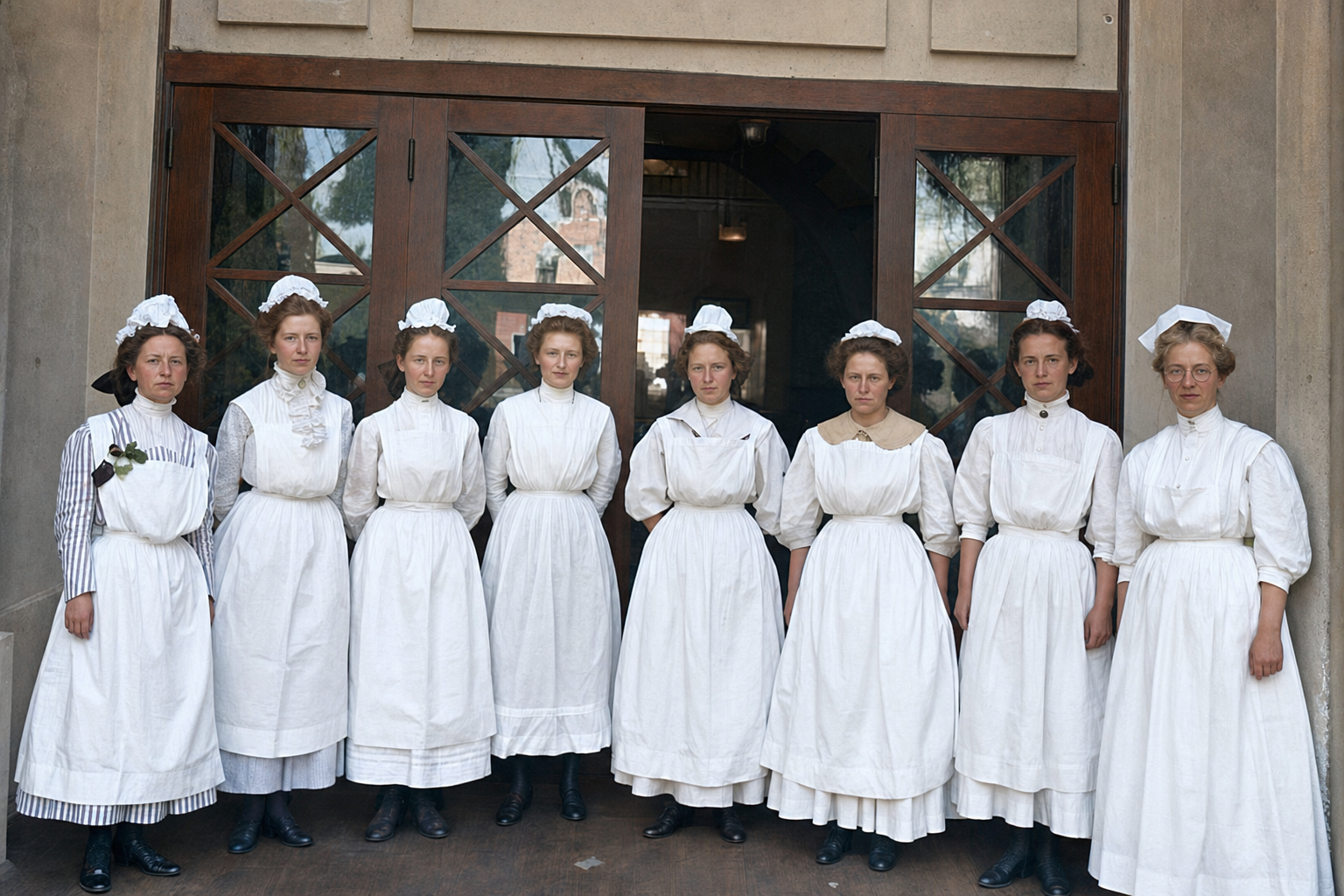 Young women in aprons at the AYP Exposition lunchroom, 1909