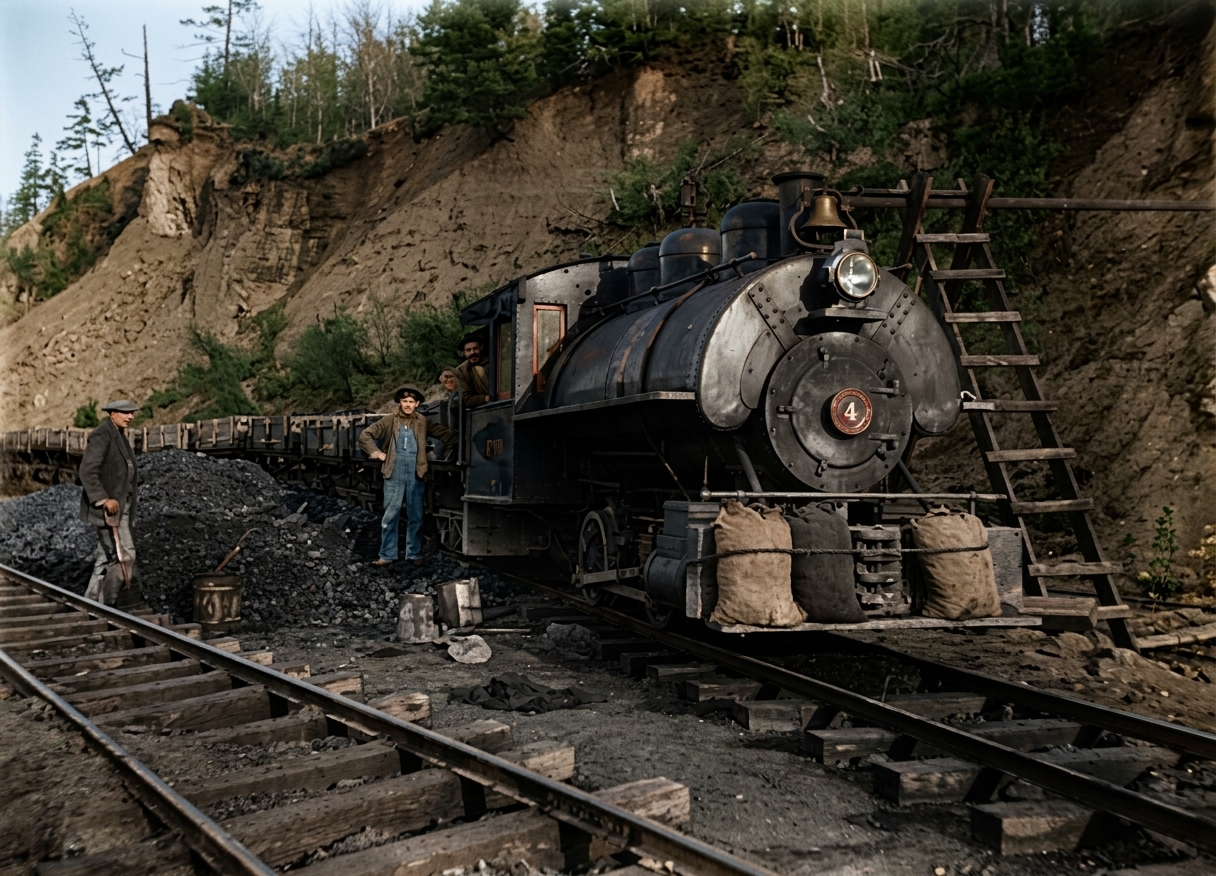 Railroad construction crew with locomotive No. 4, Ballard Beach, c. 1910