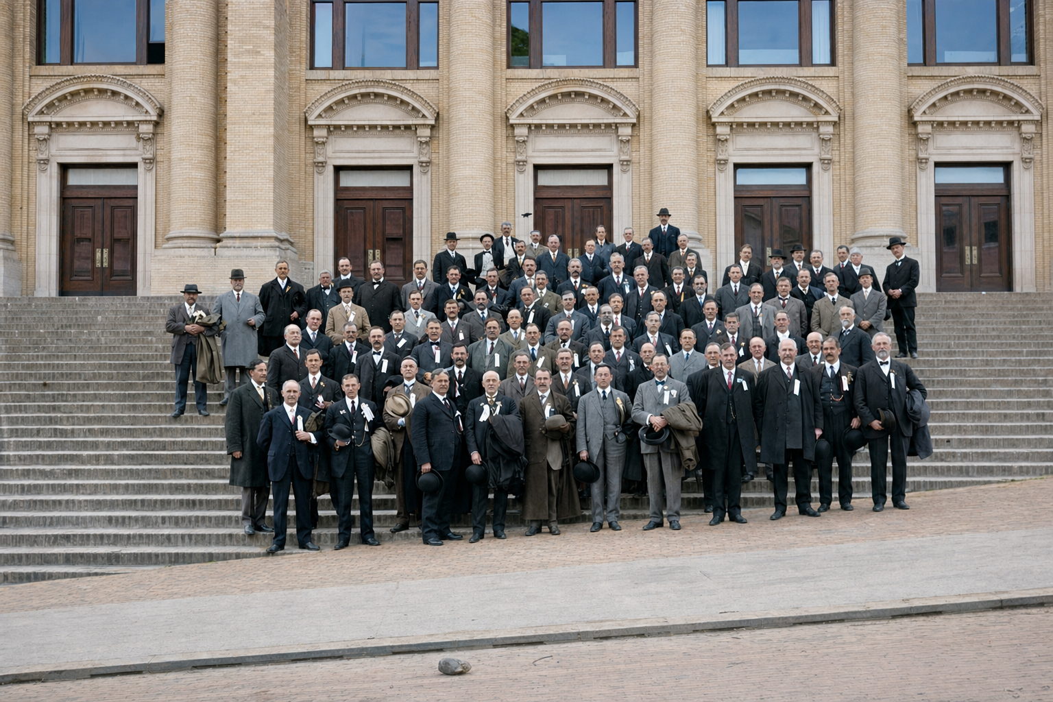 Portland delegation on AYP Exposition building steps, May 1909