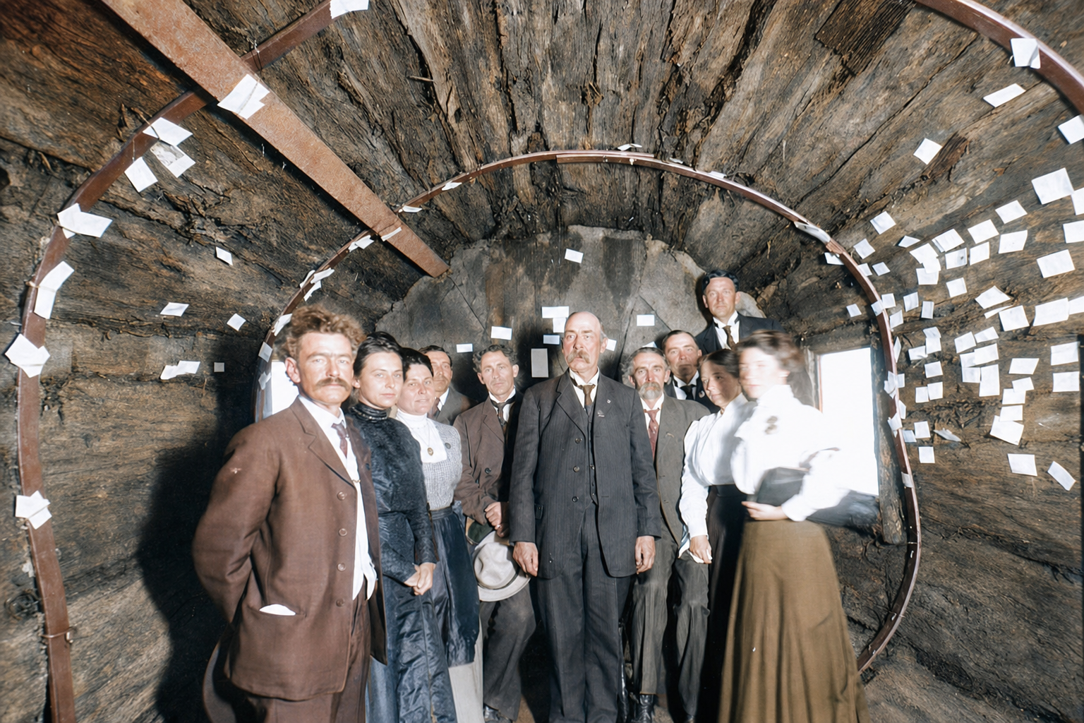 Group inside the Redmond Cedar Log exhibit, AYP Exposition, 1909