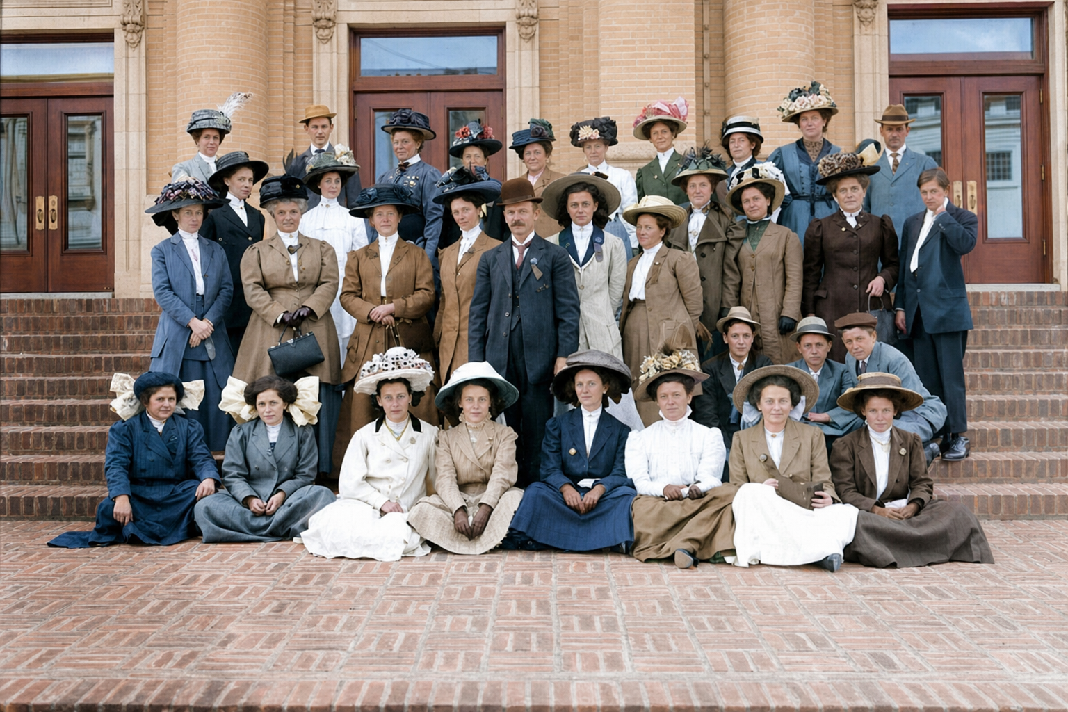 Group portrait on steps at the Alaska-Yukon-Pacific Exposition, 1909