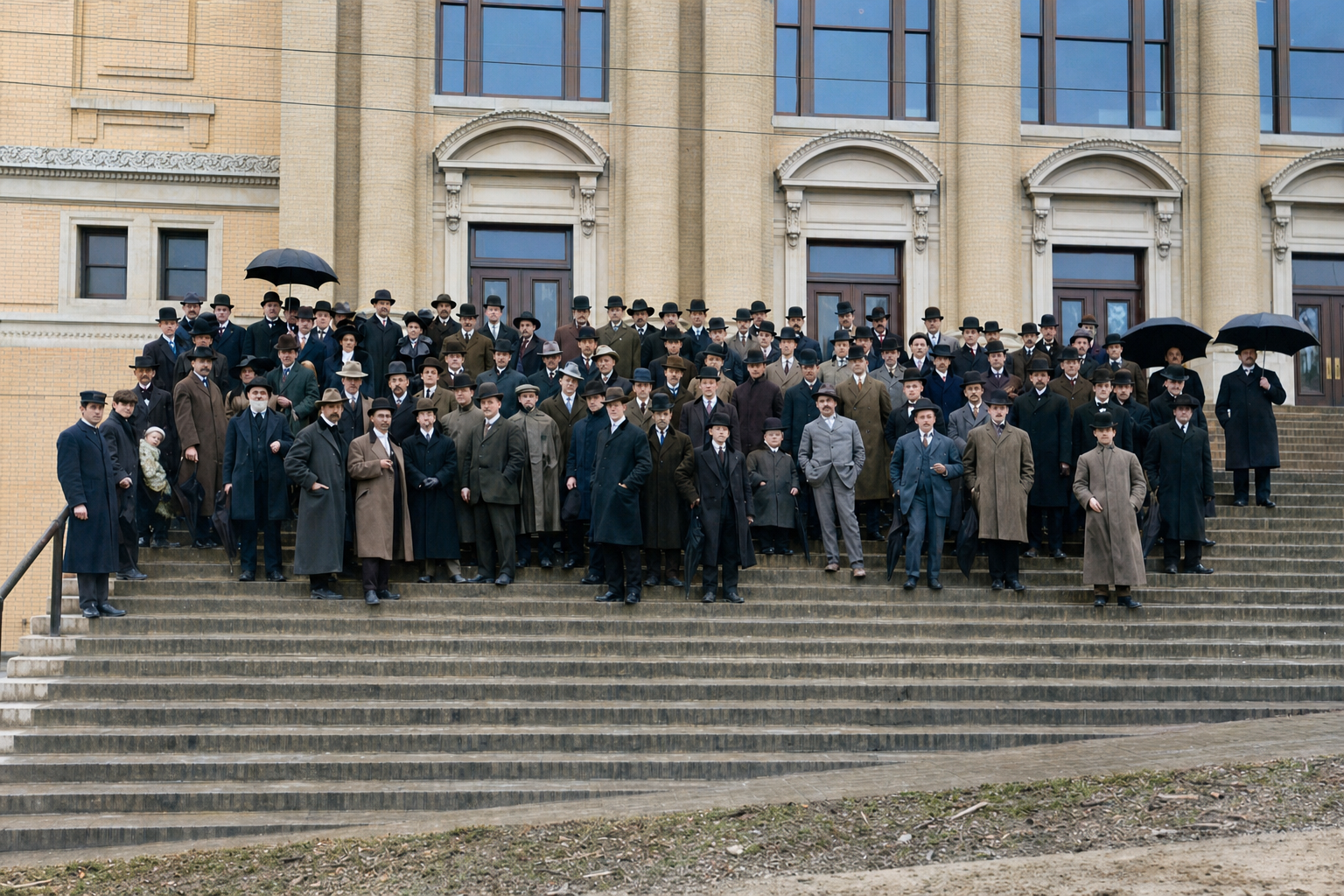 Seattle newspapermen on the steps of an AYP Exposition building, 1909