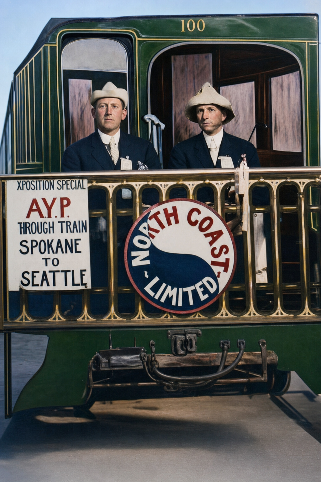 AYP Exposition souvenir postcard, North Coast Limited backdrop, 1909