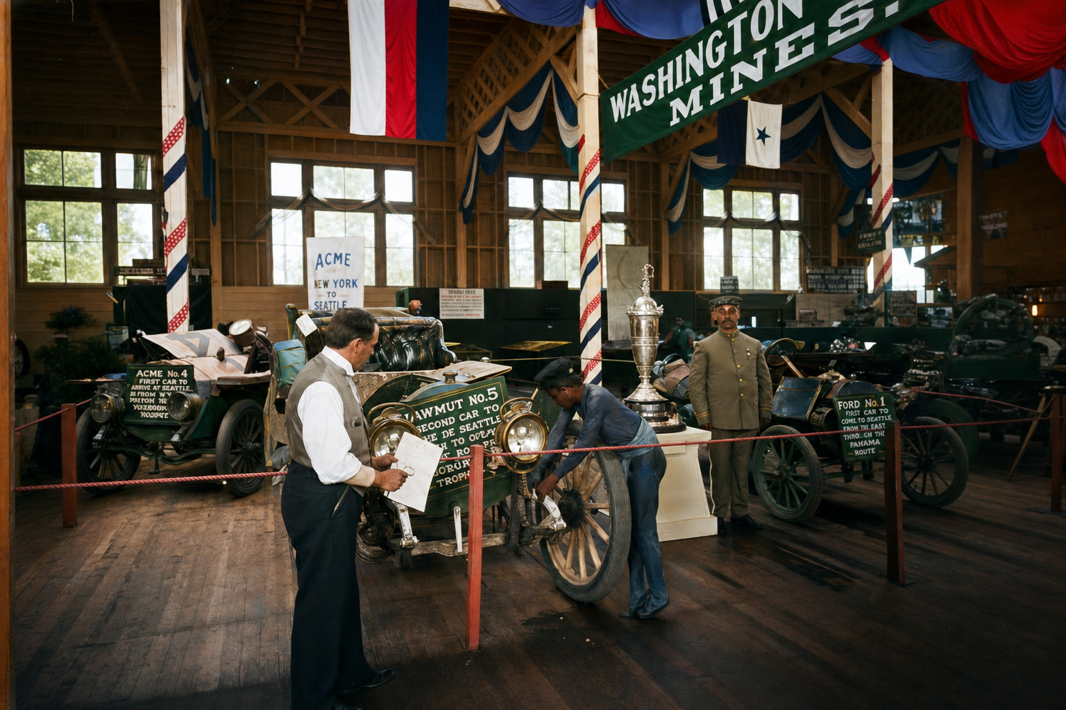 Transcontinental auto race exhibit, AYPE Mines Building, 1909