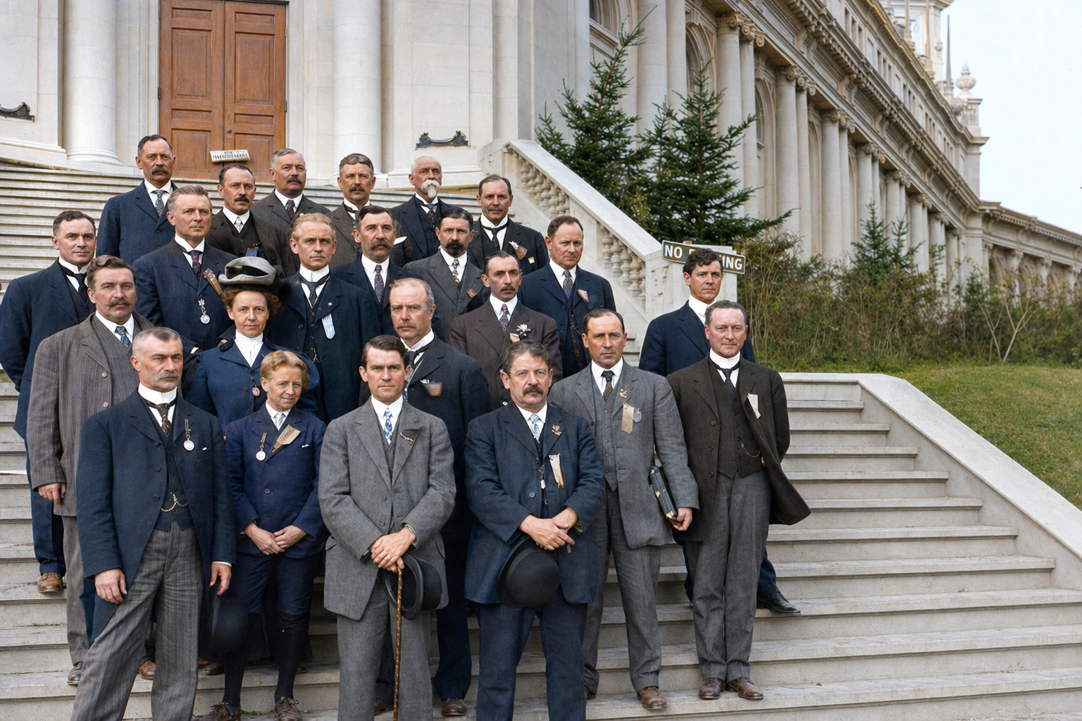 Winnipeg delegation on Exposition building steps, AYP Exposition, 1909
