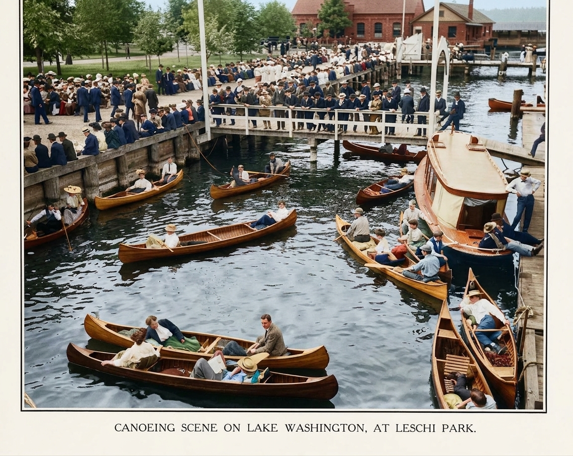 Canoeing scene on Lake Washington at Leschi Park, c. 1909
