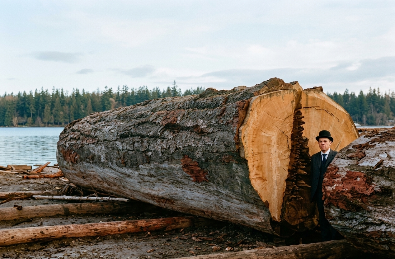 Man dwarfed by old-growth log, Lake Union, c. 1890