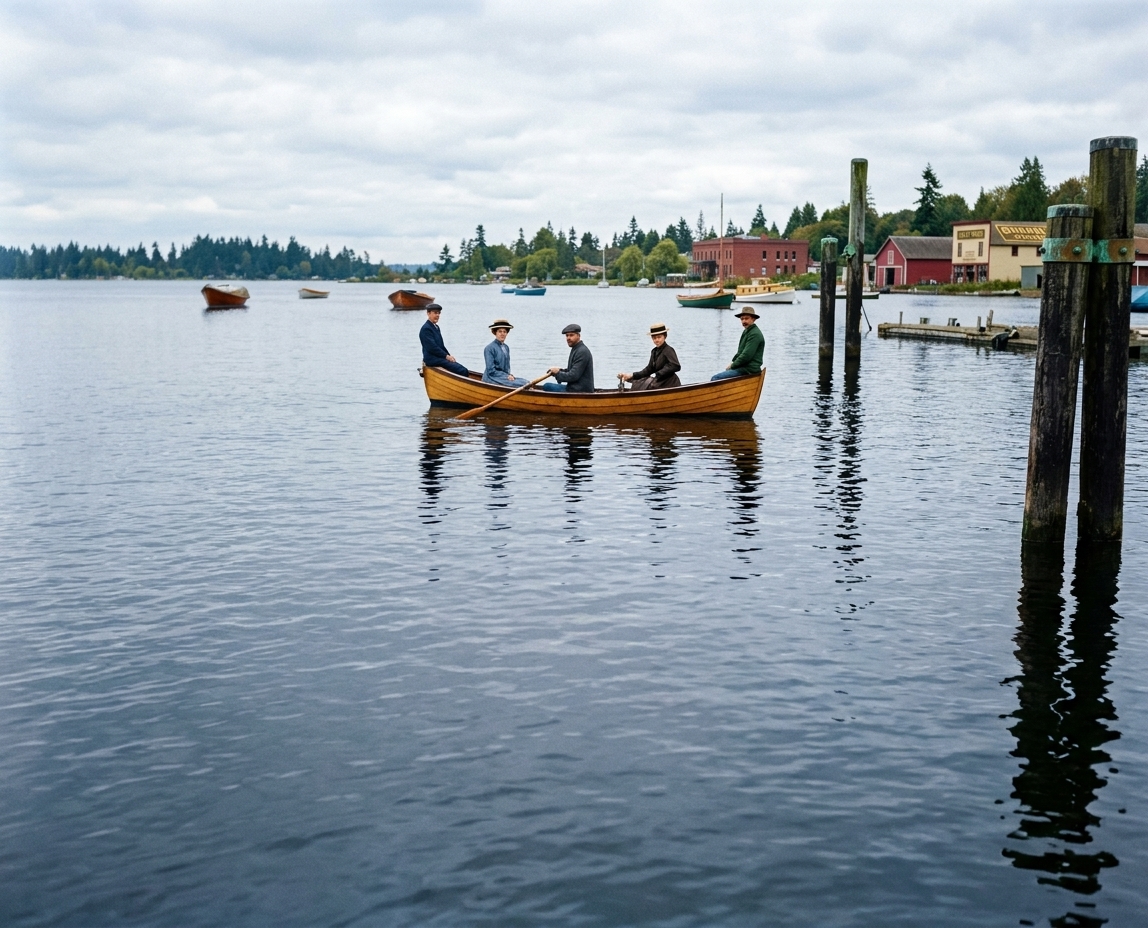 Family rowing on Lake Union, Portage Bay, c. 1900