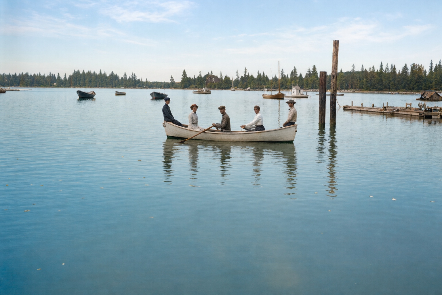 Family rowing on Lake Union, Portage Bay, c. 1900