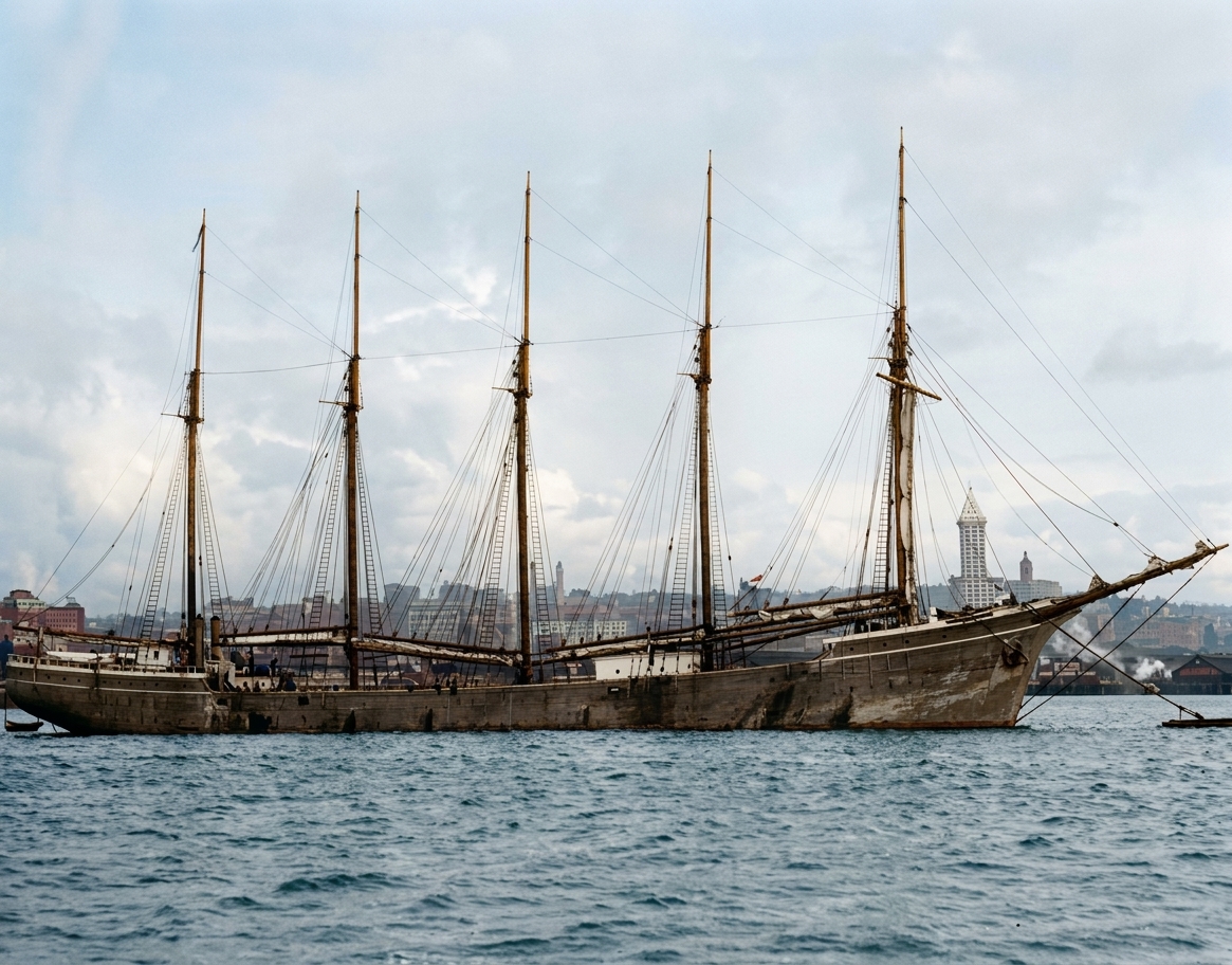 Five-masted schooner anchored on Elliott Bay, c. 1915